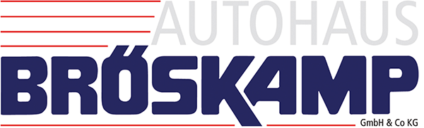 Das Bild zeigt das Logo des Autohauses Bröskamp. Der Schriftzug AUTOHAUS ist in hellgrauer Farbe mit roten Linien darüber, während BRÖSKAMP groß und dunkelblau dargestellt ist. In der unteren rechten Ecke steht GmbH & Co KG in kleineren schwarzen Buchstaben.
