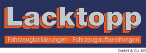 Logo von Lacktopp mit dem Schriftzug in großem, orange-weißem Text auf dunkelblauem Hintergrund. Darunter steht in kleinerem, weißen Text: Fahrzeuglackierungen · Fahrzeugaufbereitungen. In der Ecke unten rechts ist GmbH & Co. KG in kleinen Buchstaben zu sehen