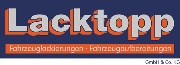 Logo von Lacktopp mit dem Schriftzug in großem, orange-weißem Text auf dunkelblauem Hintergrund. Darunter steht in kleinerem, weißen Text: Fahrzeuglackierungen · Fahrzeugaufbereitungen. In der Ecke unten rechts ist GmbH & Co. KG in kleinen Buchstaben zu sehen