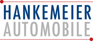 Das Bild zeigt das Logo von Hankemeier Automobile. Der obere Text HANKEMEIER ist in blauer Schrift, der untere Text AUTOMOBILE in grauer Schrift geschrieben. Beide Wörter sind von dünnen roten Linien umrahmt, die an den Ecken kleine rote Punkte haben.